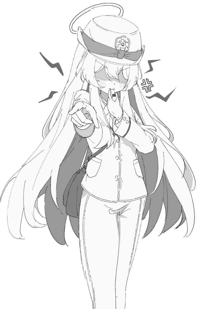 1girl amaton707 anger_vein blue_archive blush buttons extra gloves greyscale hair_between_eyes halo hat highres holding holding_whistle long_hair long_sleeves monochrome pants shaded_face simple_background solo whistle whistling white_background