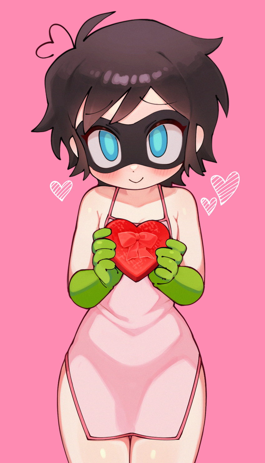 1girl absurdres ahoge apron batman_(series) batrobin_k blue_eyes blush breasts brown_hair dc_comics domino_mask heart highres mask naked_apron pink_background robin_(batrobin_k) short_hair simple_background small_breasts valentine