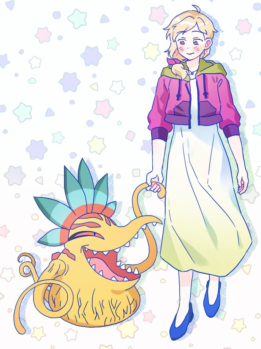 1girl digimon digimon_(creature) digimon_survive highres kimishima_saki looking_at_another red_eyes sharp_teeth star_(symbol) teeth vegimon