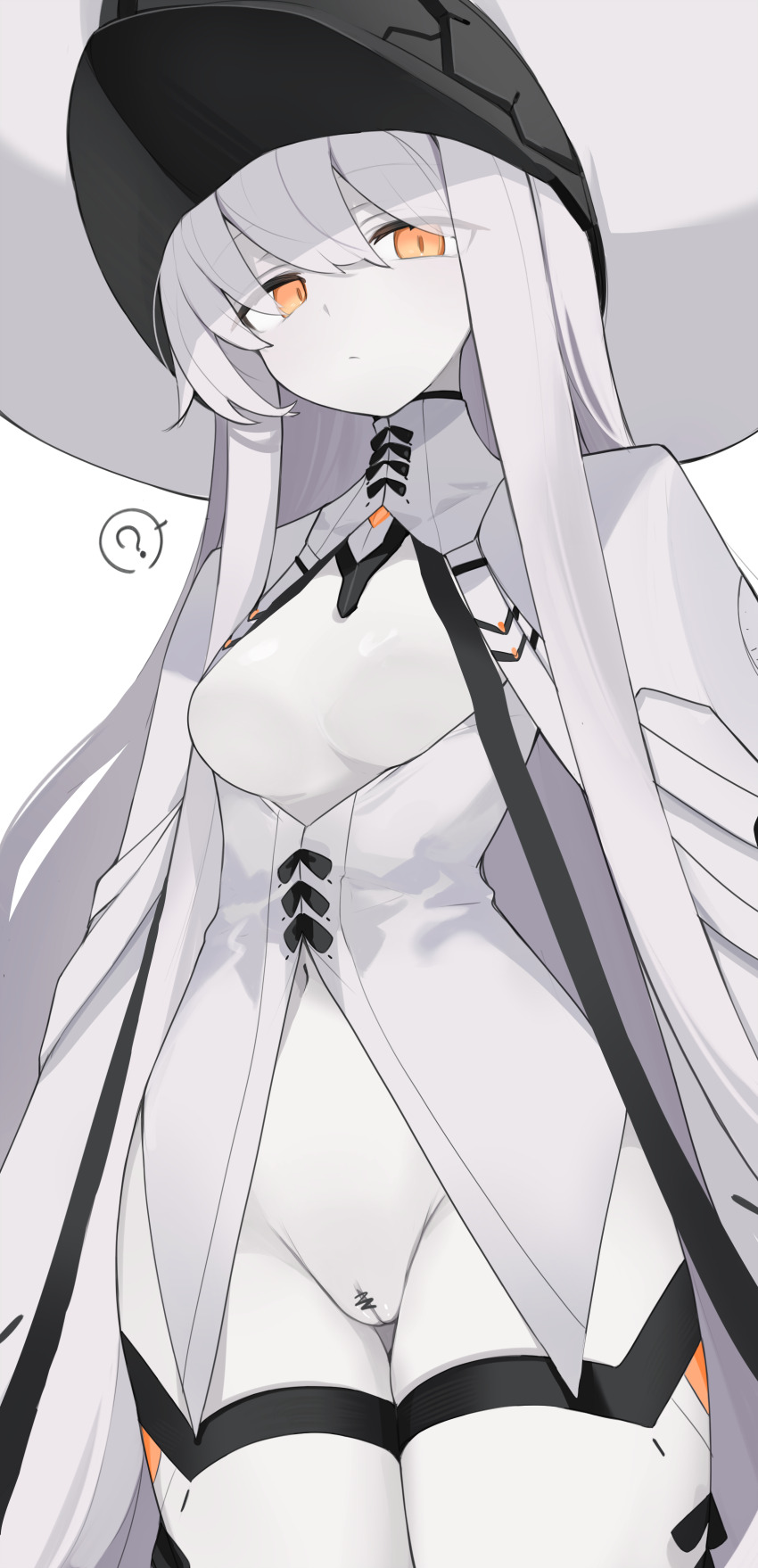 1girl ? absurdres bar_censor blue_archive breasts censored cloak dress hair_over_one_eye hat highres large_hat long_hair looking_at_viewer malkuth_(blue_archive) medium_breasts mikozin navel orange_eyes pale_skin pussy sidelocks solo thigh_strap very_long_hair white_cloak white_dress white_hair white_hat