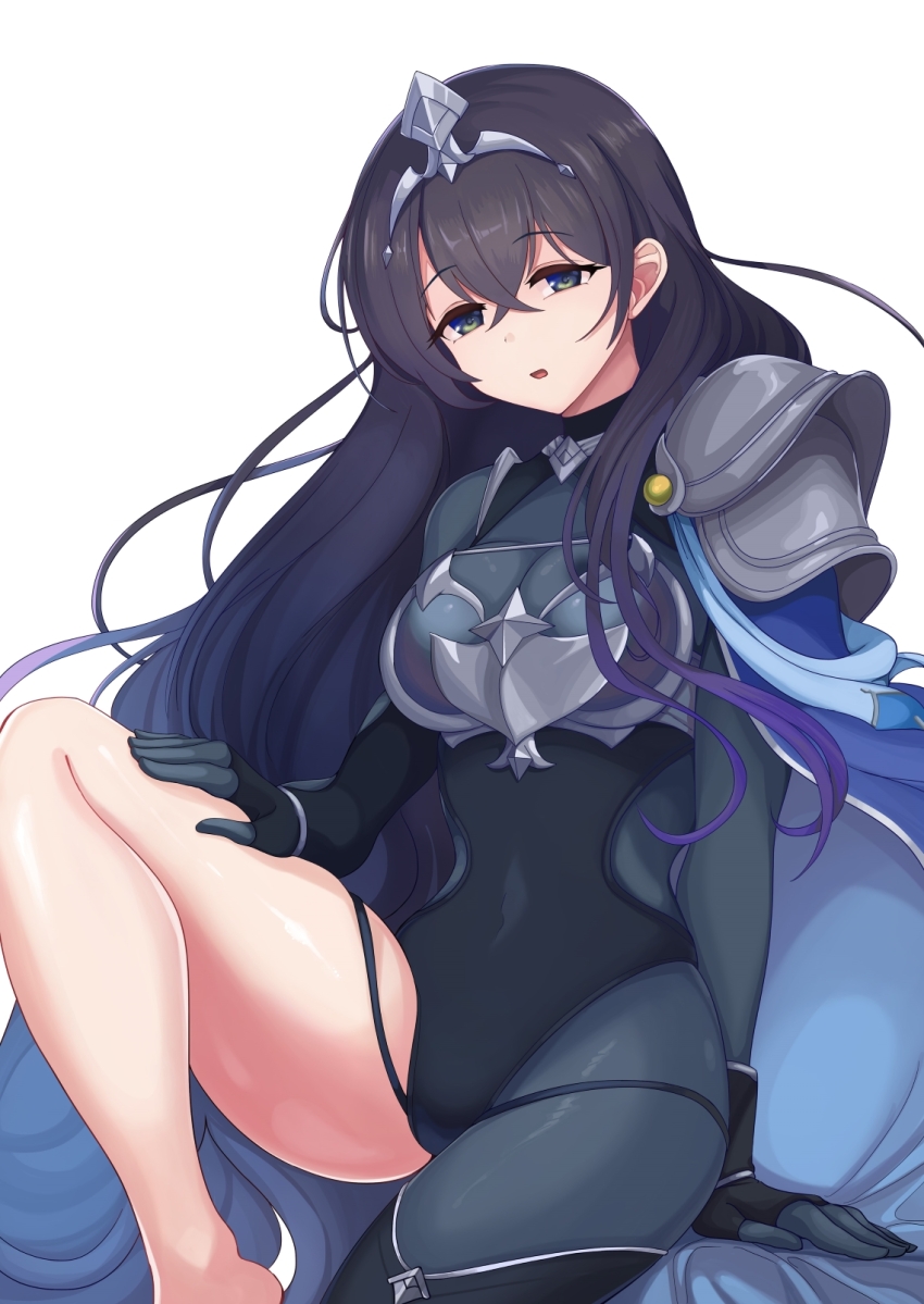 1girl armor asymmetrical_legwear black_gloves black_hair blue_cape boots breastplate breasts cape fingerless_gloves foot_out_of_frame gloves grace_(princess_connect!) hair_between_eyes hand_on_own_thigh highres knee_up long_hair medium_breasts mononoke_(pixiv53597254) pauldrons princess_connect! shoulder_armor side_cape simple_background single_bare_leg single_bare_foot single_leg_bodysuit single_pauldron single_thigh_boot solo straight_hair thigh_boots white_background