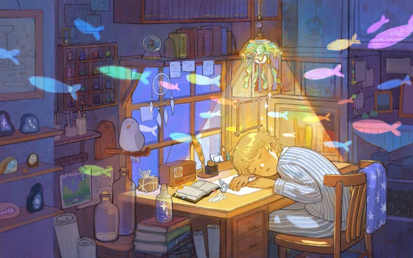 1boy blonde_hair book book_stack bookshelf chair crystal cup desk fish flying_fish hanging_light highres indoors long_sleeves open_book original paper picture_frame plant potted_plant shelf sitting sleeping sleepwear snow_globe solo table window ya0n0524