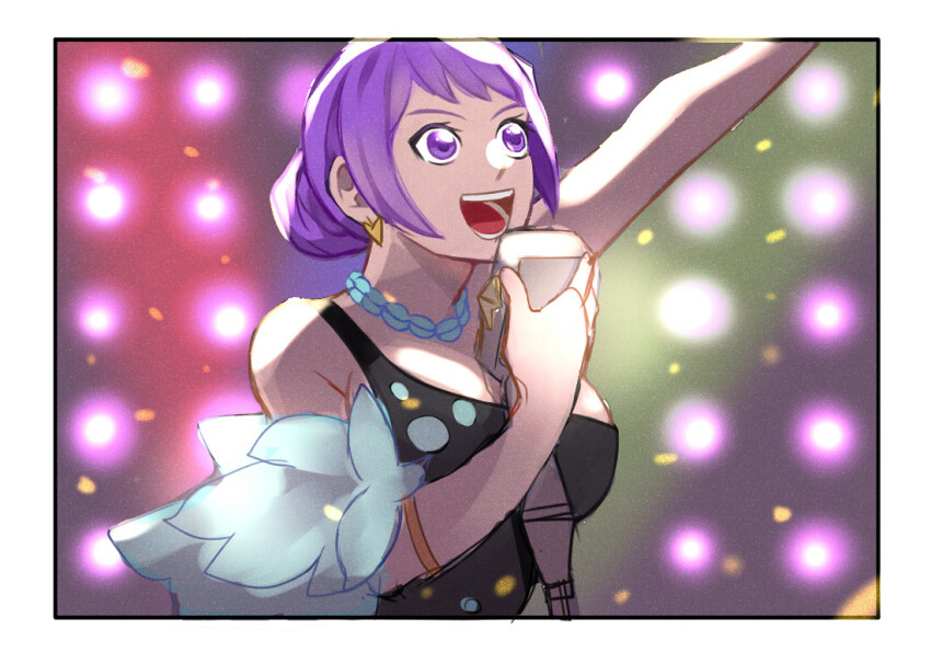 1girl arm_up bare_shoulders black_dress blurry blurry_background breasts carina_(one_piece) commentary_request confetti dress earrings hair_bun holding holding_microphone jewelry large_breasts looking_up microphone microphone_stand necklace one_piece one_piece_film:_gold open_mouth pandar_op purple_eyes purple_hair solo stage_lights upper_body
