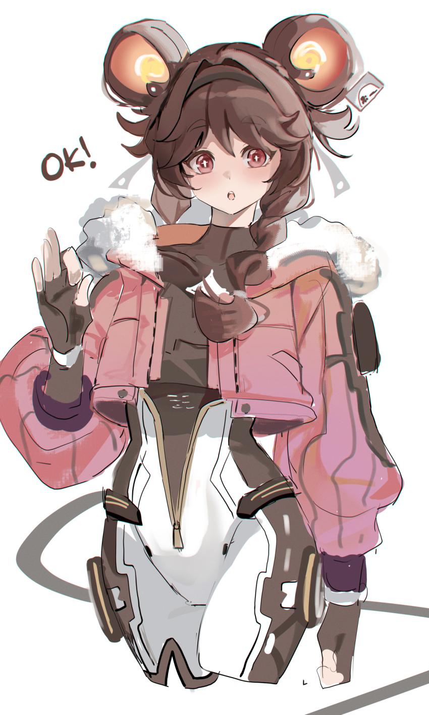 1girl :o black_hairband black_shirt bodysuit brown_eyes brown_hair commentary cropped_jacket cropped_legs english_text fur-trimmed_jacket fur_trim hairband highres jacket looking_at_viewer lumi_(wuthering_waves) open_clothes open_jacket open_mouth pink_jacket shirt sketch solo thick_eyebrows venn_(vebonbon) white_bodysuit wuthering_waves