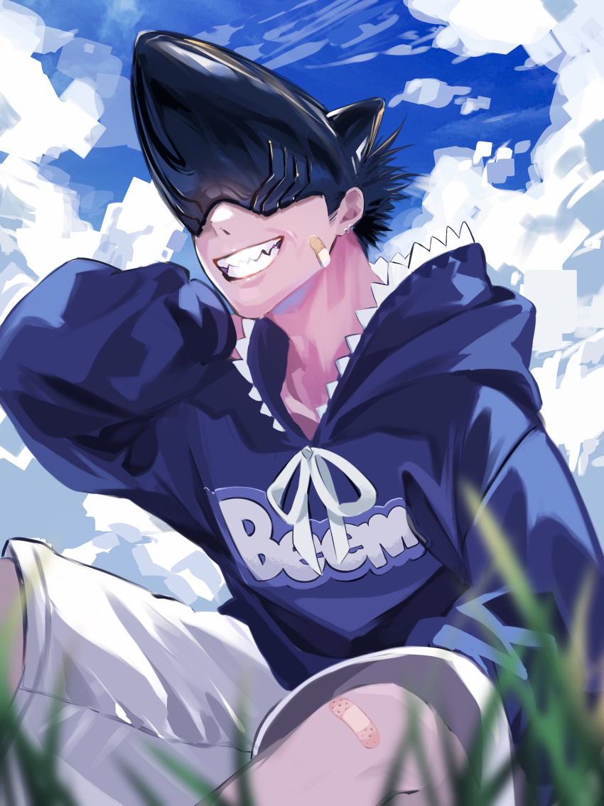 1boy absurdres animal_hood bandaid bandaid_on_cheek bandaid_on_face bandaid_on_knee bandaid_on_leg beam_(chainsaw_man) black_hair blue_sky chainsaw_man cloud cloudy_sky highres hood long_sleeves male_focus shark_boy shark_head sharp_teeth short_hair shorts sky smile solo teeth tenda_(tendarugby) white_shorts