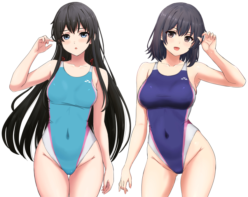 2girls :d :o absurdres black_hair blue_eyes blue_one-piece_swimsuit blush breasts collarbone commentary_request competition_swimsuit contrapposto covered_navel cowboy_shot gluteal_fold groin hand_up highleg highleg_one-piece_swimsuit highres inanaki_shiki large_breasts long_hair looking_at_viewer medium_breasts medium_hair multiple_girls one-piece_swimsuit open_mouth parted_lips red_ribbon ribbon simple_background small_breasts smile standing swimsuit thigh_gap thighs tongue very_long_hair white_background yahari_ore_no_seishun_lovecome_wa_machigatteiru. yukinoshita_haruno yukinoshita_yukino