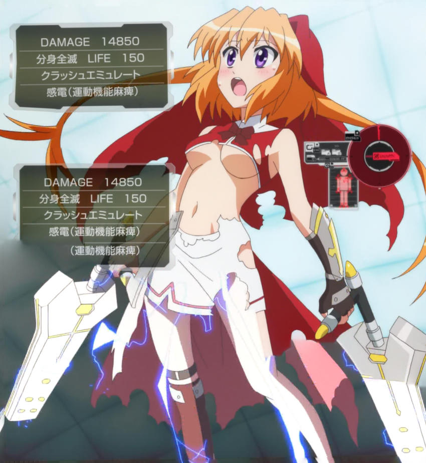 10s 1girl anime_screenshot breasts chantez_apinion dual_wielding highres holding long_hair lyrical_nanoha mahou_shoujo_lyrical_nanoha_vivid orange_hair phantasma_(nanoha) purple_eyes sword tonfa underboob weapon