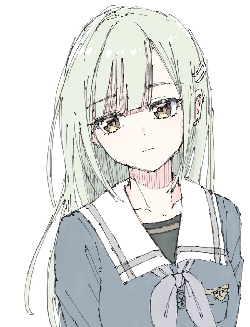 1girl amahara_nue arms_at_sides bang_dream! bang_dream!_it&#039;s_mygo!!!!! blue_shirt blunt_bangs breast_pocket closed_mouth commentary green_hair grey_neckerchief hair_ornament hairclip highres long_hair looking_ahead neckerchief pocket sailor_collar school_uniform serafuku shirt simple_background solo tsukinomori_school_uniform upper_body wakaba_mutsumi white_background white_sailor_collar yellow_eyes