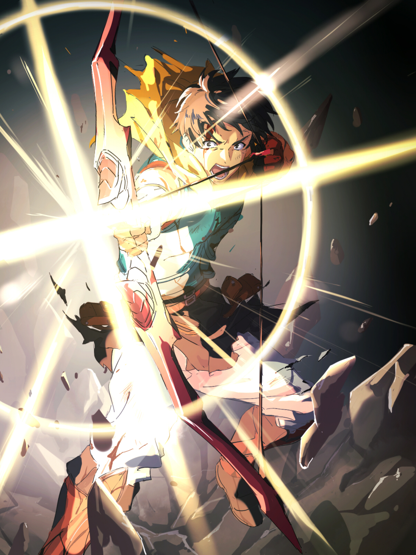 1boy aqua_armor arash_(fate) armlet arrow_(projectile) belt belt_buckle blood blood_on_face boots bow_(weapon) brown_hair buckle cuirass debris drawing_bow fate/grand_order fate/prototype fate/prototype:_fragments_of_blue_and_silver fate_(series) gloves highres holding holding_bow_(weapon) holding_weapon incoming_attack injury jewelry looking_at_viewer male_focus moyashi_mou2 open_mouth short_hair solo torn_clothes v-shaped_eyebrows weapon yellow_hood