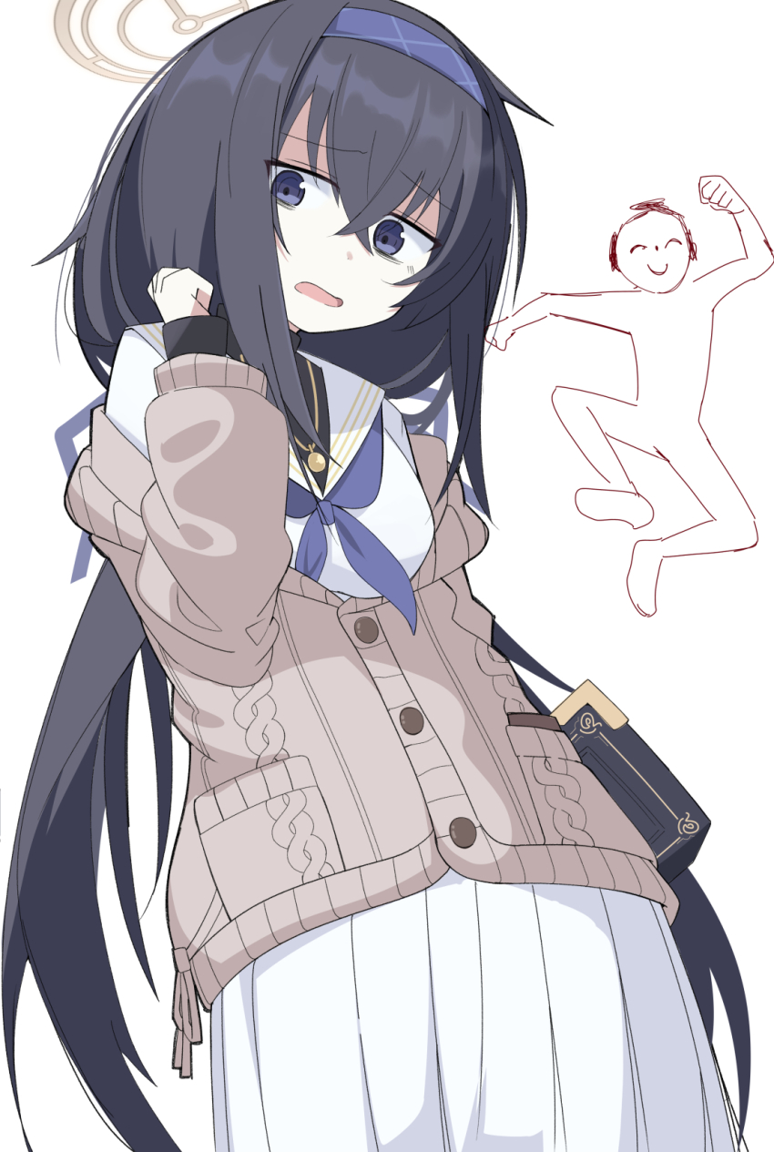1boy 1girl aran_sweater bags_under_eyes black_hair black_undershirt blue_archive blue_eyes blue_hairband blue_neckerchief book breasts brown_cardigan brown_halo cable_knit cardigan commentary_request crossed_bangs doodle_sensei_(blue_archive) hair_between_eyes hairband halo highres holding holding_book jambayashi long_hair long_sleeves looking_at_viewer medium_breasts neckerchief open_mouth sailor_collar school_uniform sensei_(blue_archive) serafuku simple_background skirt sweater ui_(blue_archive) very_long_hair white_background white_sailor_collar white_serafuku white_skirt