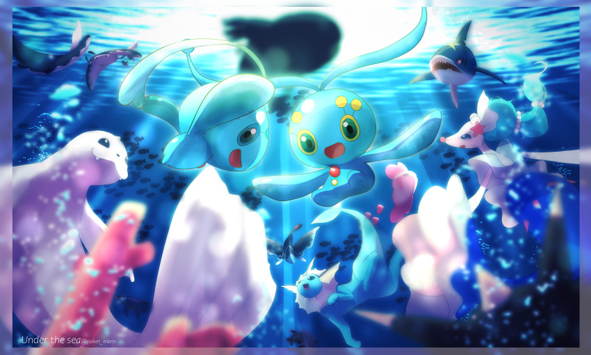 absurdres air_bubble animal_focus border bubble corsola dappled_sunlight dewgong english_text fangs gen_1_pokemon gen_2_pokemon gen_3_pokemon gen_4_pokemon gen_7_pokemon highres kyogre legendary_pokemon lumineon luvdisc manaphy mantine mythical_pokemon nintendo no_humans ocean open_mouth phione pokemon pokemon_(creature) poket_mkrn primarina remoraid school_of_fish sharpedo sunlight tenshi_kaiwai twitter_username underwater vaporeon