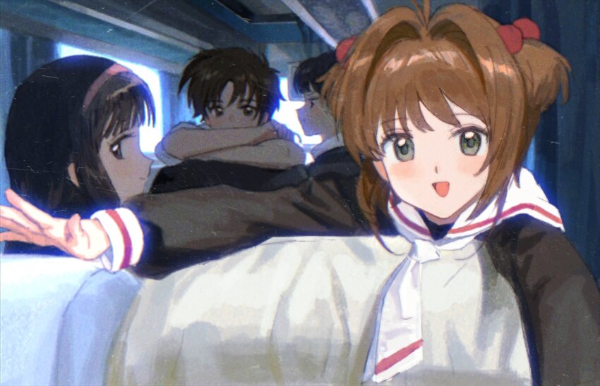 1boy 3girls brown_hair cardcaptor_sakura child daidouji_tomoyo green_eyes happy highres kinomoto_sakura li_meiling li_syaoran ling5707 multiple_girls open_mouth sailor_collar school_uniform short_hair tomoeda_elementary_school_uniform white_sailor_collar