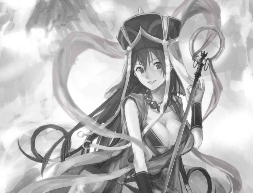 1girl bead_necklace beads bikini breasts cleavage commentary_request fate/grand_order fate_(series) greyscale hat jewelry large_breasts monochrome mugen_no_sudadokei necklace ok_sign parted_lips prayer_beads shakujou smile solo staff swimsuit upper_body xuangzang_sanzang_(fate)