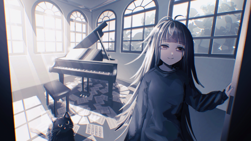 1girl bags_under_eyes black_cat black_fur black_hair black_shirt blouse cat instrument long_hair moduku original piano shirt sunlight whiskers window