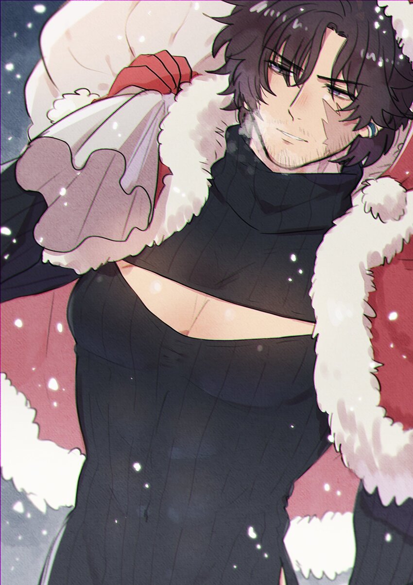 1boy bag bara black_hair black_sweater blue_eyes cape casual cleavage_cutout clive_rosfield clothing_cutout commentary_request covered_navel ear_ornament earrings facial_hair facial_scar facing_viewer final_fantasy final_fantasy_xvi fur-trimmed_cape fur-trimmed_gloves fur-trimmed_hat fur_trim gloves hat highres holding holding_sack jewelry long_sleeves male_focus parted_lips pectoral_cleavage pectorals red_cape red_gloves red_hat sack santa_hat santa_sack scar scar_on_cheek scar_on_face short_hair skin_tight smile snow snowfall solo sweater turtleneck upper_body yuma_(zero)