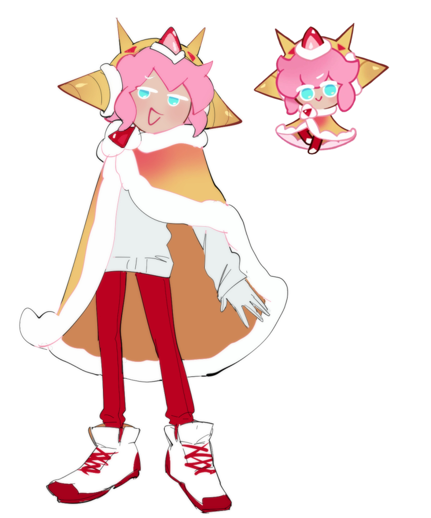 1boy blue_eyes cape cookie_run creature_and_personification crown cyan_eyes earmuffs food-themed_hair_ornament food-themed_hat full_body fur-trimmed_cape fur_trim gloves hair_ornament hat highres humanization long_sleeves looking_to_the_side male_focus open_mouth pants parted_bangs personification pink_hair poncho red_footwear red_pants reference_inset shirt short_hair sidelocks simple_background smile smug split_bangs standing strawberry_crepe_cookie strawberry_hair_ornament tagme two-tone_footwear white_background white_footwear white_gloves white_shirt yellow_cape yellow_crown