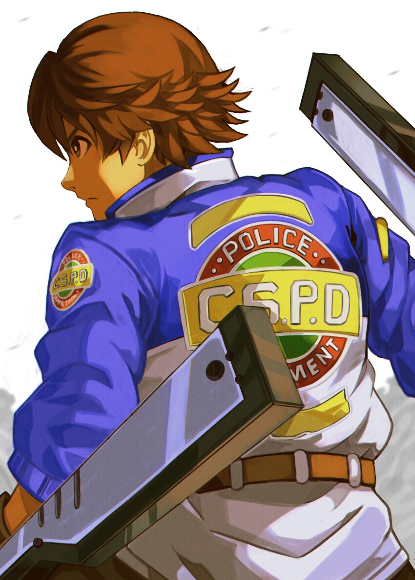 1boy ao_no_kiseki black_eyes brown_hair coat commentary dual_wielding eiyuu_densetsu english_commentary from_behind highres holding holding_weapon lloyd_bannings logo simple_background solo starequiems tonfa uniform weapon white_background zero_no_kiseki