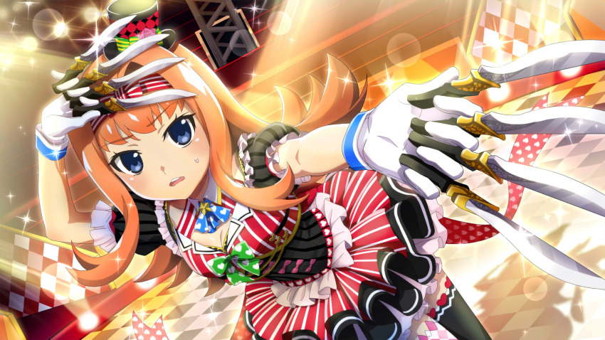 1girl arm_up between_fingers black_hat blue_eyes bow bow_hairband breasts checkered_floor circus cleavage dress dutch_angle flipped_hair frilled_dress frills game_cg gloves hair_bow hair_intakes hairband hat highres higurashi_no_naku_koro_ni higurashi_no_naku_koro_ni_mei holding holding_knife houtani_nao indoors knife knives_between_fingers lens_flare long_hair mismatched_thighhighs multicolored_dress navel non-web_source official_art open_mouth orange_hair outstretched_arm short_sleeves shy solo sparkle stage_lights standing striped_bow striped_clothes striped_hairband sweatdrop teeth upper_teeth_only white_gloves