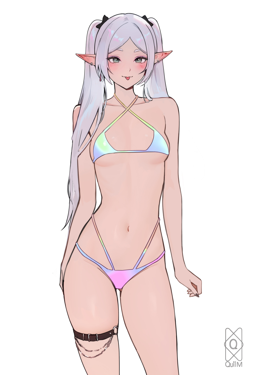1girl absurdres artist_name bikini breasts commentary cowboy_shot earrings elf english_commentary frieren gradient_bikini green_eyes highres jewelry long_hair o-ring o-ring_thigh_strap parted_bangs pointy_ears quilm simple_background solo sousou_no_frieren standing swimsuit thick_eyebrows thigh_strap tongue tongue_out twintails white_background white_hair