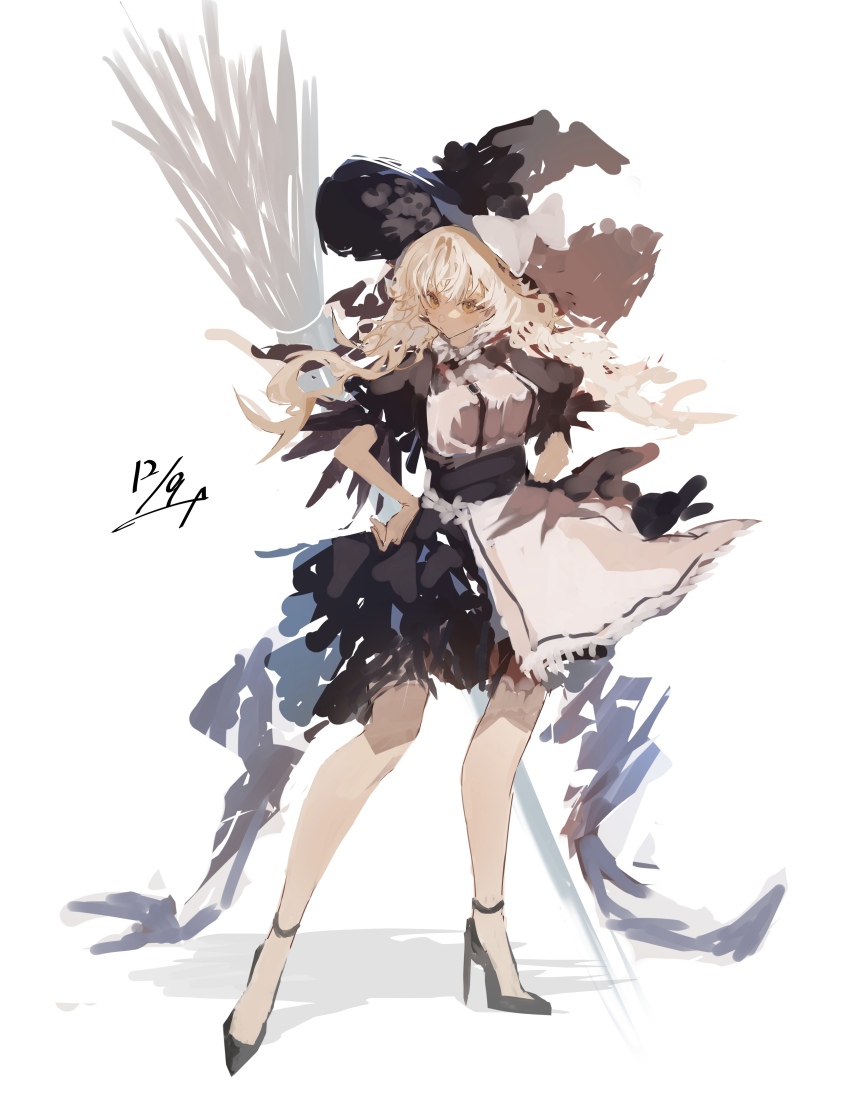1girl absurdres apron blonde_hair broom commentary dated dress hands_on_own_hips hat high_heels highres kirisame_marisa long_hair po_(anhk5528) ribbon short_sleeves solo touhou white_background witch_hat yellow_eyes