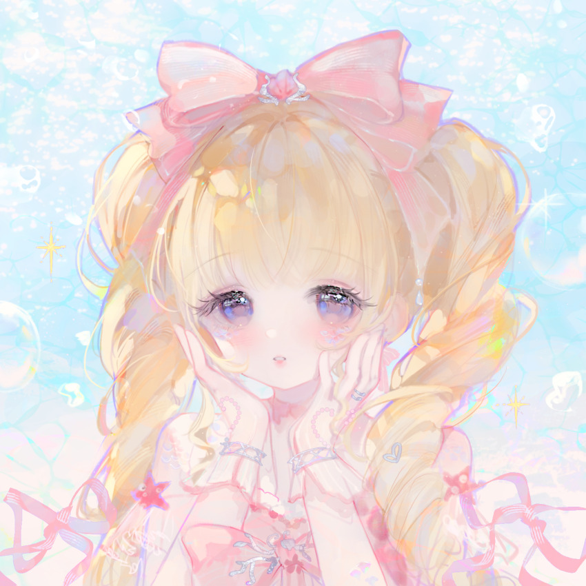 1girl bare_shoulders blonde_hair blue_eyes blunt_bangs bow bowtie brooch bubble choker coral day detached_sleeves dress drill_hair expressionless eyelashes eyeshadow facial_tattoo frilled_bracelet hair_bow hair_over_shoulder hands_on_own_cheeks hands_on_own_face highres infinity_nikki jewelry light_blush lipstick long_hair makeup mugoa_mugo nikki_(series) parted_lips pink_bow pink_bowtie pink_choker pink_dress pink_eyeshadow pink_lips pink_ribbon pink_ribbon_waltz_(infinity_nikki) pink_sleeves ribbon ring see-through_clothes see-through_sleeves shell_hair_ornament short_sleeves solo sparkle starfish strapless strapless_dress tattoo teeth twin_drills twintails underwater upper_body very_long_hair