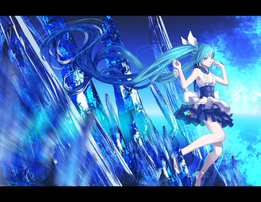 1girl aqua_eyes aqua_hair blue_archive blue_background blue_dress blue_sailor_collar bow center_frills dress eyelashes frilled_dress frills hair_bow hatsune_miku hatsune_miku_(blue_archive) highres layered_dress long_hair sailor_collar shoes sleeveless sleeveless_dress solo very_long_hair vocaloid white_bow white_shoes yusuke_(shiota)