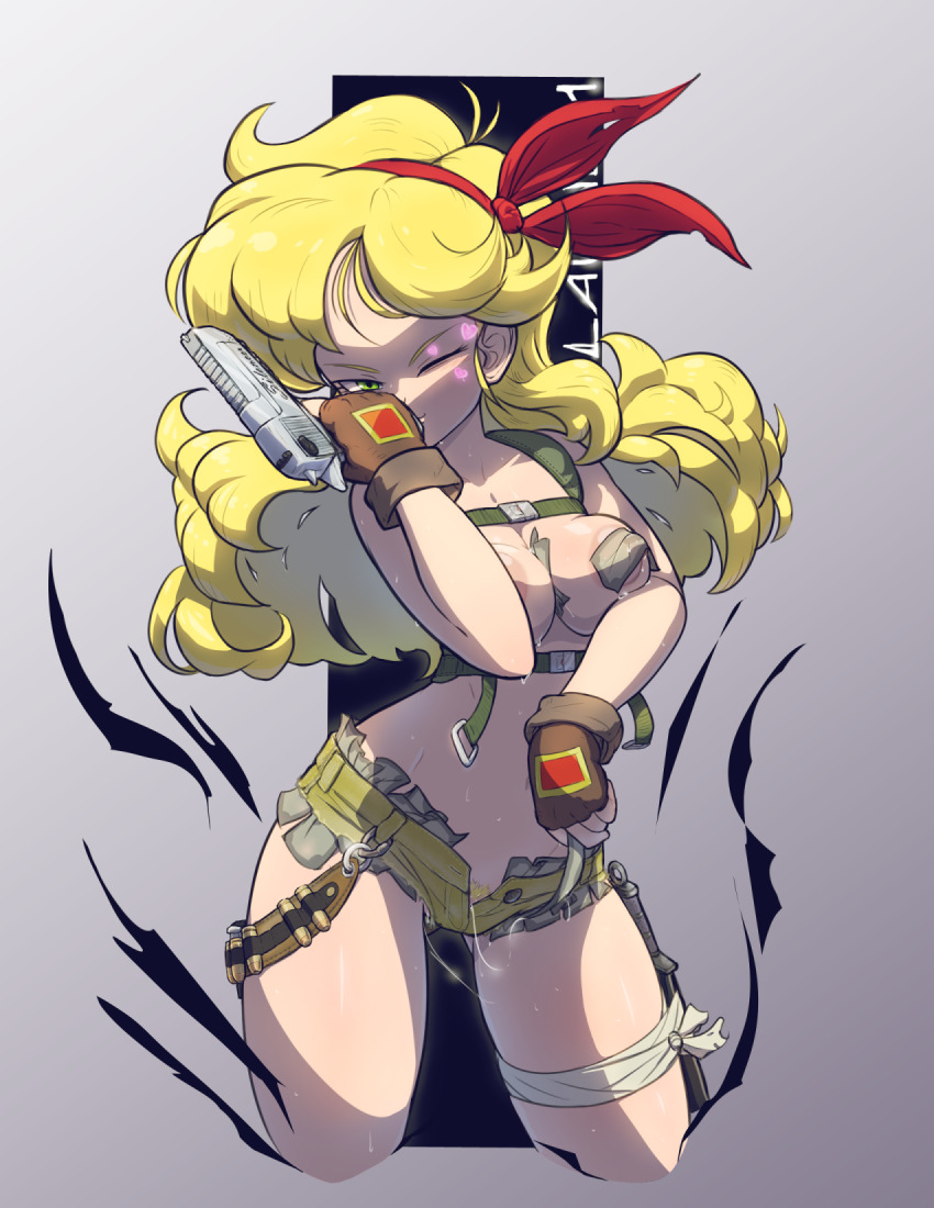 1girl ammunition_belt banknote blonde_hair bullets censored combat_knife curly_hair denim denim_shorts dollar_bill dragon_ball gloves green_eyes gun hair_ribbon harness highres knife large_pectorals long_hair looking_at_viewer lunch_(bad)_(dragon_ball) lunch_(dragon_ball) money moonxel object_kiss one_eye_closed pectorals pubic_hair pussy_juice ribbon shorts simple_background sweat torn_clothes torn_shorts weapon wink yellow_shorts