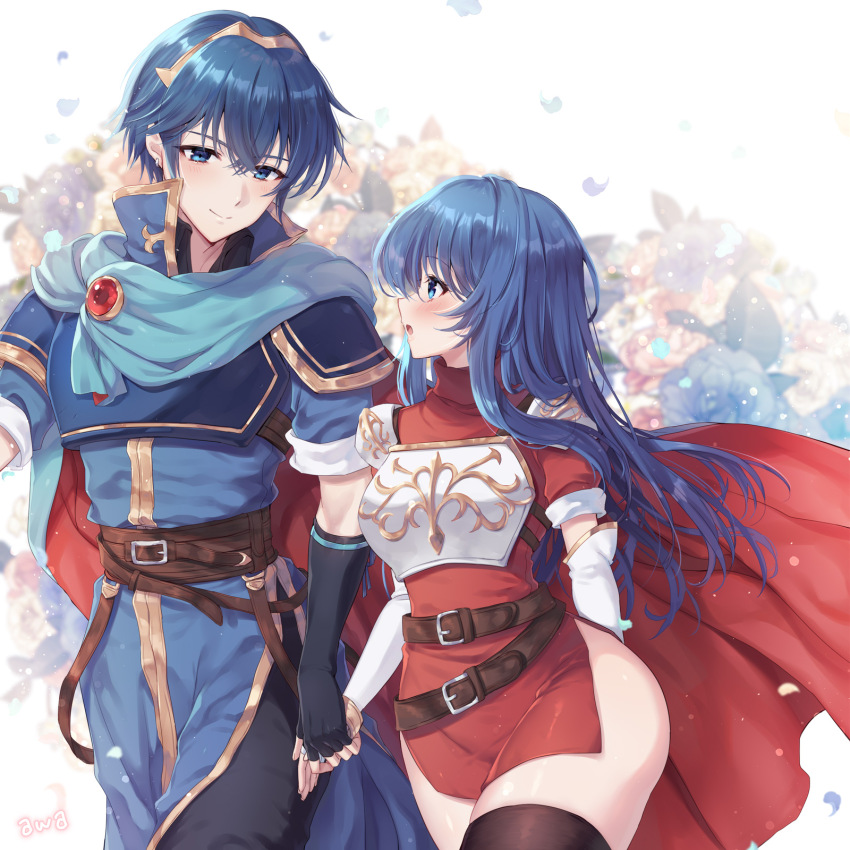 1boy 1girl ass awayuki_ramika belt black_gloves blue_eyes blue_hair blush caeda_(fire_emblem) cowboy_shot dress elbow_gloves fingerless_gloves fire_emblem fire_emblem:_mystery_of_the_emblem flower gloves highres long_hair looking_at_another marth_(fire_emblem) nintendo open_mouth pants pegasus_knight_uniform_(fire_emblem) short_dress short_sleeves simple_background smile thick_thighs thighhighs thighs tiara white_background white_gloves