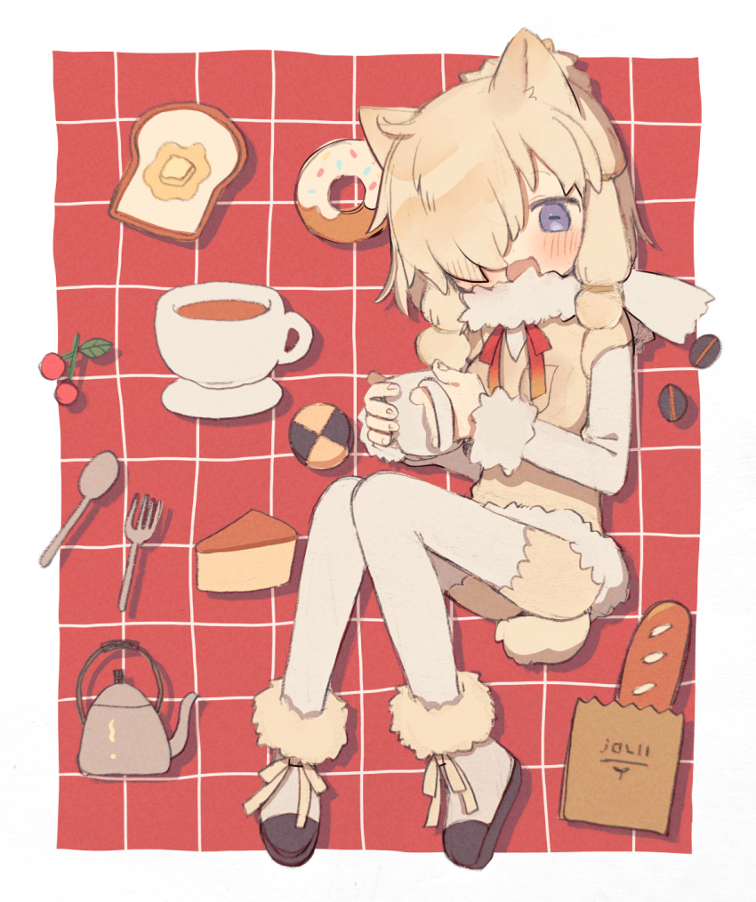 1girl alpaca_ears alpaca_girl alpaca_suri_(kemono_friends) alpaca_tail animal_ears black_boots blue_eyes blush boots bow bowtie bread butter cake cake_slice cup food fork frilled_shorts frills fur_collar fur_trim hair_bun hair_over_one_eye hair_tubes highres kemono_friends long_sleeves looking_at_viewer mug multicolored_boots noamem open_mouth pantyhose red_bow red_bowtie short_hair shorts sidelocks smile solo spoon sweater tail teacup teapot two-tone_boots vest white_boots white_fur white_hair white_pantyhose white_shorts white_sweater white_vest
