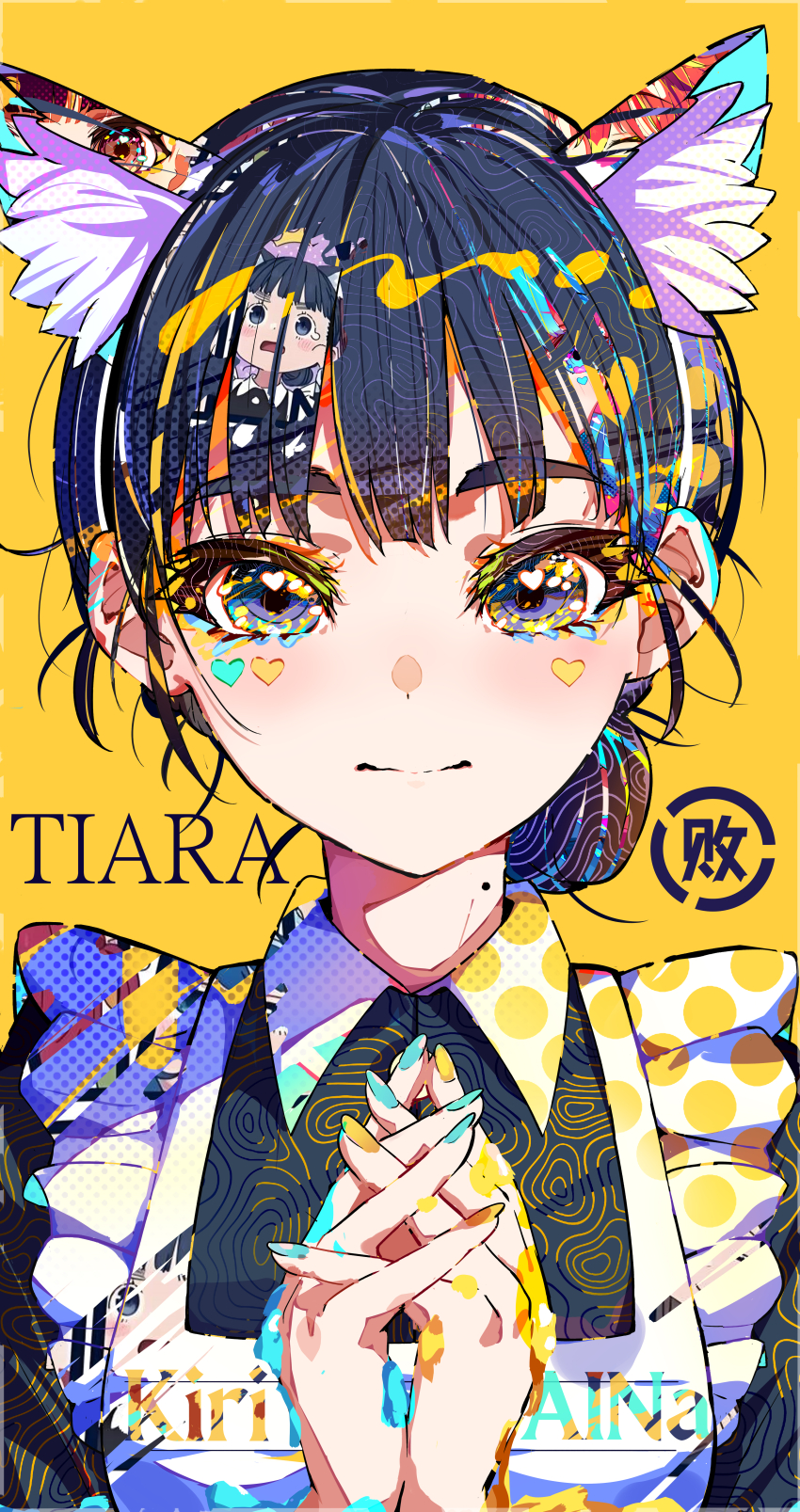1girl absurdres animal_ears apron artist_name basori_tiara black_eyes black_hair cat_ears character_name frilled_apron frills hair_bun highres kiriaina looking_at_viewer maid maid_apron make_heroine_ga_oo_sugiru! mole mole_on_neck own_hands_together simple_background solo upper_body white_apron yellow_background