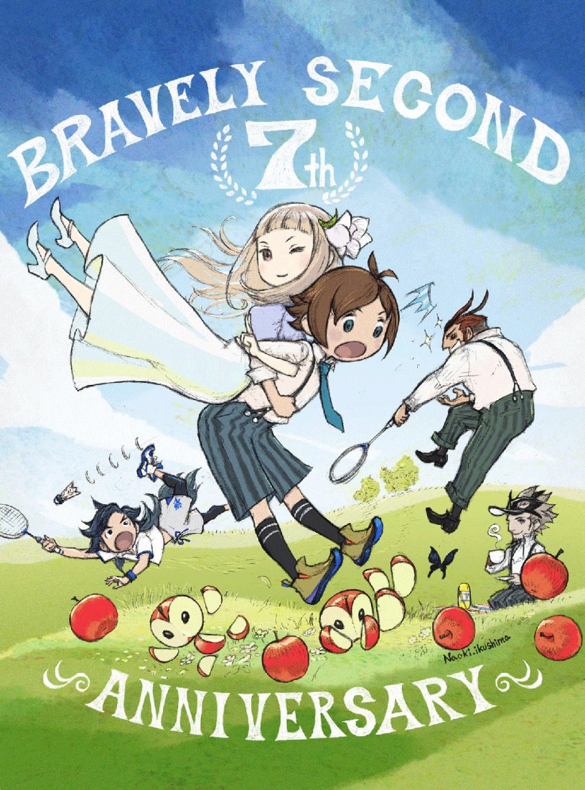 1girl 4boys ;) anniversary apple back-to-back badminton badminton_racket black_butterfly black_socks blue_eyes bravely_default_(series) bravely_second:_end_layer brown_hair bug butterfly denys_geneolgia dress flower food fruit hair_flower hair_ornament high_heels highres ikusy insect janne_angard locked_arms long_dress magnolia_arch multiple_boys necktie nikolai_nikolanikov official_art one_eye_closed open_mouth pants racket shirt shorts shuttlecock smile socks striped_clothes striped_pants striped_shorts suspender_shorts suspenders visor_cap white_dress white_hair white_shirt yew_geneolgia