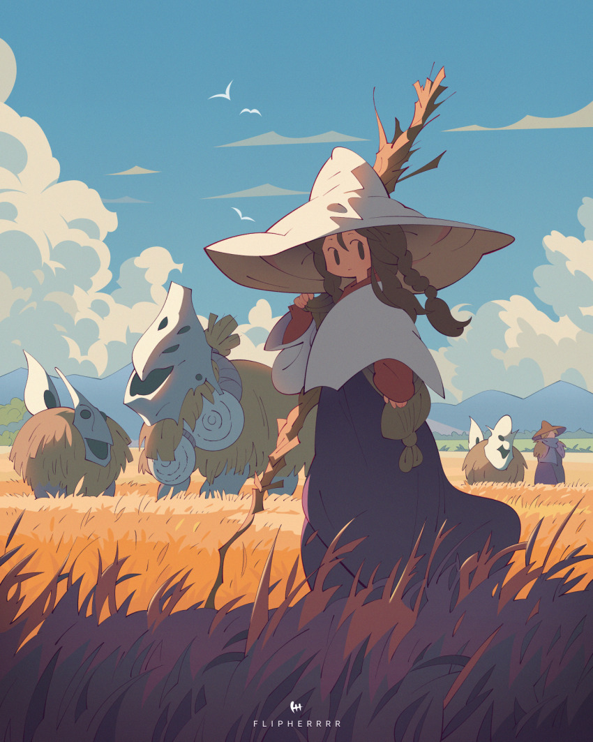 2girls animal artist_name blue_scarf blue_sky braid capelet cloud dress farmer flipherrrr grass highres holding holding_staff long_sleeves mountain multiple_girls original outdoors purple_dress scarf simple_bird sky sleeves_past_wrists staff twin_braids white_capelet