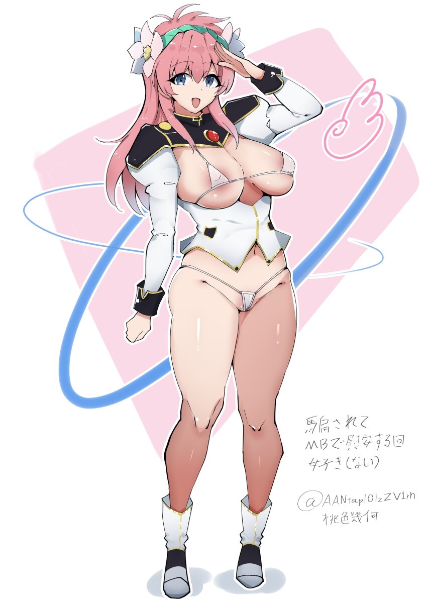 1girl aantapl0izzv1rh absurdres bikini blue_eyes boots commentary_request flower full_body galaxy_angel hair_flower hair_ornament highres long_sleeves looking_at_viewer micro_bikini milfeulle_sakuraba military_uniform navel pink_background pink_hair salute solo st standing swimsuit thighs translation_request two-tone_background white_background white_boots