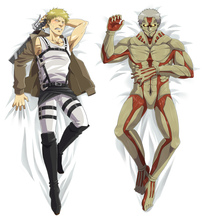 2boys armored_titan belt blonde_hair blush boots dakimakura_(medium) dual_persona giant giant_monster glowing glowing_eyes grey_hair highres jacket kaiju lying male_focus military military_uniform monster multiple_boys muscular no_pupils nude on_back open_clothes parody reiner_braun shingeki_no_kyojin short_hair spoilers sweatdrop sword tanotsuku_daisuke thigh_strap three-dimensional_maneuver_gear titan_(shingeki_no_kyojin) weapon yellow_eyes