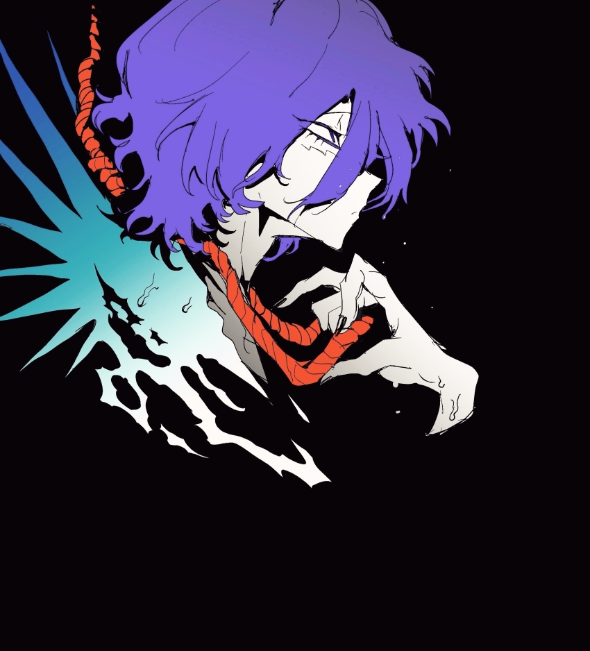 1boy absurdres black_background closed_mouth cropped_shoulders from_side garry_(ib) highres ib_(kouri) long_bangs male_focus noose pale_skin profile purple_eyes purple_hair romaji_commentary sanpaku short_hair solo sweat xiboliya_suanxing_shengwu