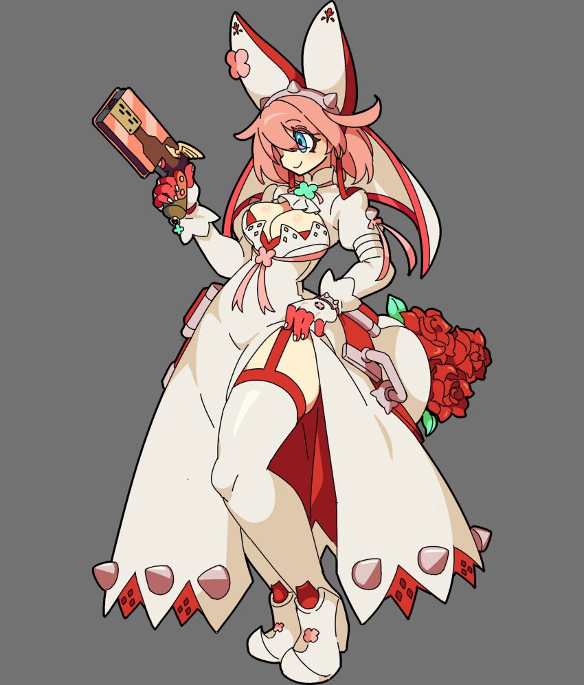1girl absurdres blue_eyes boots bouquet breasts closed_mouth dress elphelt_valentine flower gloves guilty_gear guilty_gear_xrd gun hat highres holding holding_gun holding_weapon juliet_sleeves kekeken large_breasts long_sleeves pink_gloves puffy_sleeves red_flower red_rose rose smile solo spiked_dress spiked_headband thighhighs veil weapon white_boots white_dress white_hat white_thighhighs white_veil