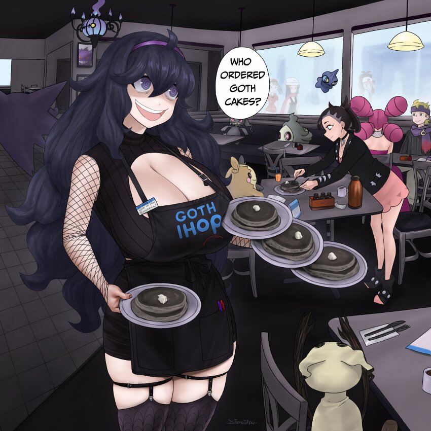 1boy 6+girls absurdres alternate_breast_size asymmetrical_hair bags_under_eyes banette black_jacket breasts brown_hair chandelure cleavage cleavage_cutout clothing_cutout dawn_(pokemon) diner dismaiden dress duskull english_text fantina_(pokemon) femboy_hooters_(meme) fishnets food gen_1_pokemon gen_3_pokemon gen_5_pokemon gen_7_pokemon gen_8_pokemon gengar goth_fashion gym_leader hairband haunter hex_maniac_(pokemon) highres hilda_(pokemon) huge_breasts ihop indoors jacket marnie_(pokemon) may_(pokemon) meme mimikyu morpeko morpeko_(full) morty_(pokemon) multiple_girls nintendo npc_trainer pancake pink_dress pokemon pokemon_bw pokemon_dppt pokemon_hgss pokemon_rse pokemon_swsh pokemon_xy purple_eyes purple_hair purple_hairband restaurant shuppet sitting skirt smile speech_bubble standing waitress window