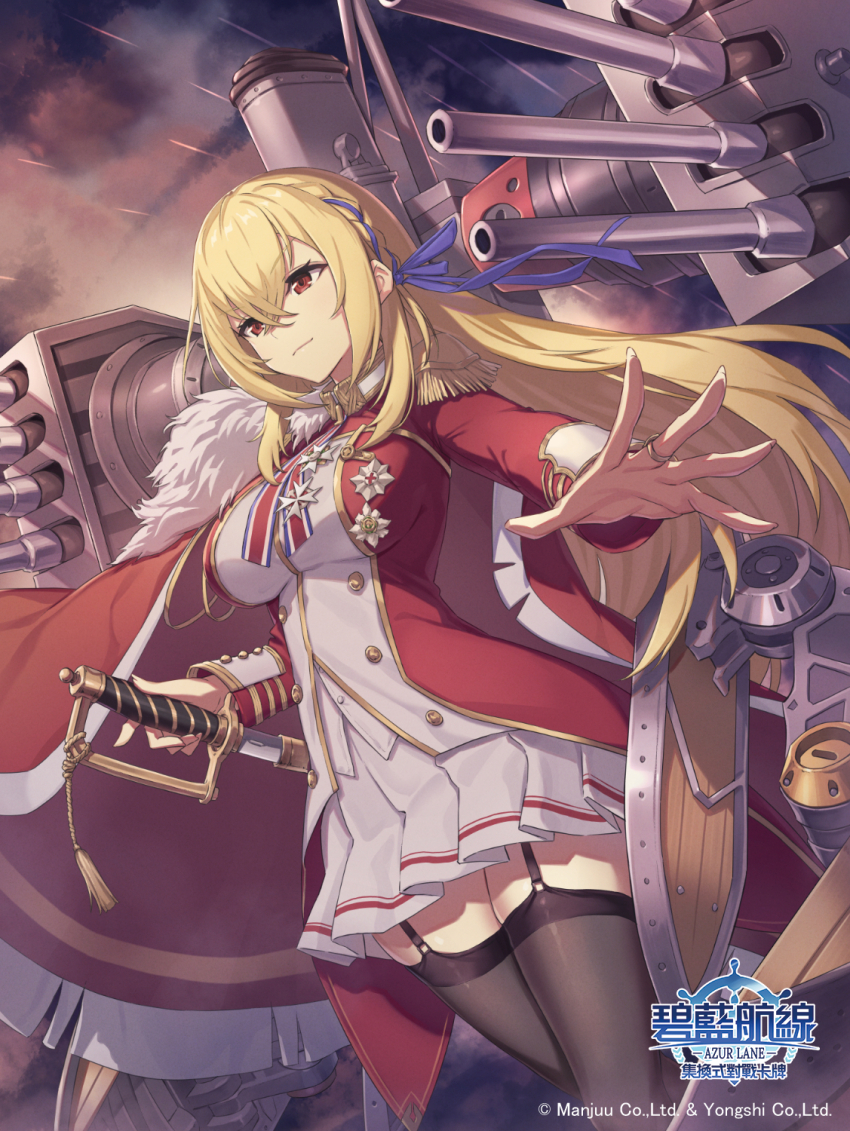 1girl azur_lane black_garter_straps black_thighhighs blonde_hair blue_ribbon breasts cape copyright_name cowboy_shot dutch_angle fur-trimmed_cape fur_trim garter_straps gold_trim hair_between_eyes hair_ribbon highres holding holding_sword holding_weapon jacket king_george_v_(azur_lane) large_breasts long_hair medal miniskirt nishikawa_eito official_art outstretched_arm pleated_skirt red_eyes red_jacket ribbon rigging sheath ship_turret skirt solo sword thighhighs unsheathing weapon white_skirt zettai_ryouiki