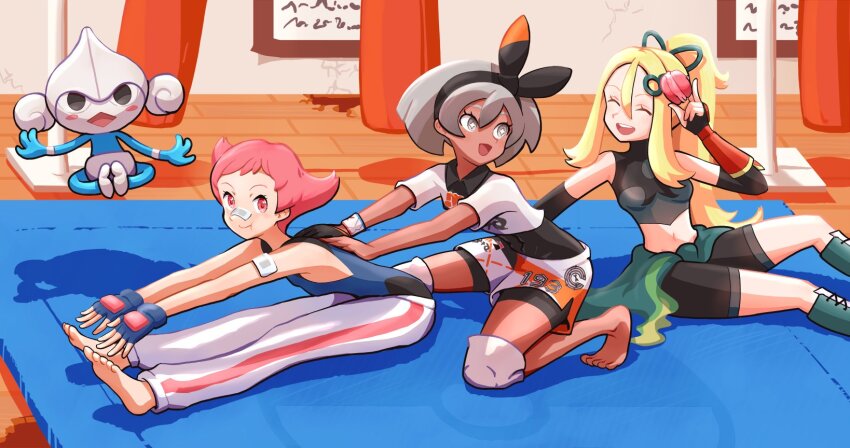 +_+ 3girls :d :t assisted_stretching bandaid bandaid_on_face bandaid_on_nose barefoot bea_(pokemon) bike_shorts black_bodysuit black_hairband blonde_hair blue_bodysuit blue_gloves bodysuit bodysuit_under_clothes boots bow_hairband breasts closed_eyes closed_mouth collared_shirt commentary dynamax_band elbow_gloves eyelashes ffccll fingerless_gloves food from_side gen_3_pokemon gloves green_footwear green_ribbon grey_eyes grey_hair hair_between_eyes hair_ribbon hairband hand_up highres holding holding_food indoors knee_pads korrina_(pokemon) korrina_(sygna_suit)_(pokemon) long_hair macaron maylene_(pokemon) meditite medium_breasts multiple_girls navel nintendo official_alternate_costume open_mouth pants pink_eyes pink_hair pointy_hair pokemon pokemon_(creature) pokemon_dppt pokemon_masters_ex pokemon_swsh ponytail print_shirt print_shorts ribbon shirt short_sleeves shorts side_slit side_slit_shorts single_glove sitting small_breasts smile teeth toes upper_teeth_only