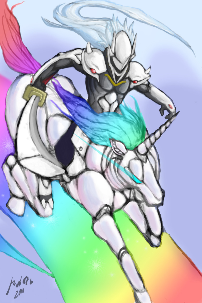 1boy a4que arc_system_works armor blazblue blazblue:_calamity_trigger crossover full_armor glowing glowing_eyes hakumen highres horns long_hair multicolored_hair rainbow riding robot robot_unicorn_attack silver_hair single_horn source_request sword unicorn weapon