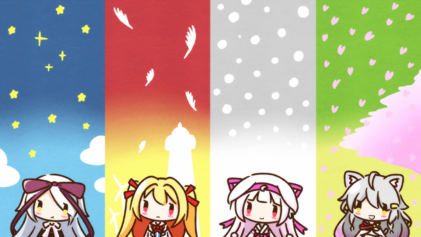 4girls animal_ears astralair_no_shiroki_towa blonde_hair cat_ears chibi chibi_only favorite_(company) grey_hair hat heimwelt highres hoshizora_no_memoria irotoridori_no_sekai kuro_(sakura_moyu) lighthouse mare_s._ephemeral multiple_girls nikaidou_shinku red_eyes red_ribbon ribbon sakura_moyu snow star_(sky) white_hair yuuki_(astralair_no_shiroki_towa)
