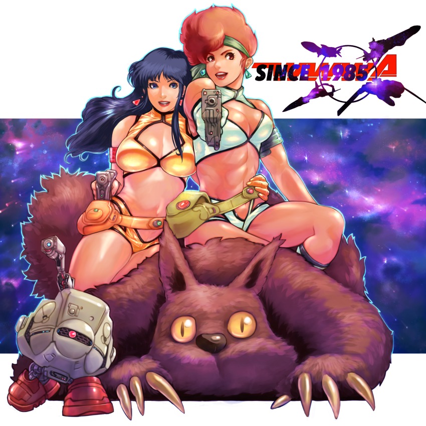 1980s_(style) 2girls breasts cleavage cleavage_cutout clothing_cutout dirty_pair gloves gradient_background headband highres kei_(dirty_pair) mughi multiple_girls oldschool red_hair retro_artstyle short_hair vigwer weapon yuri_(dirty_pair)