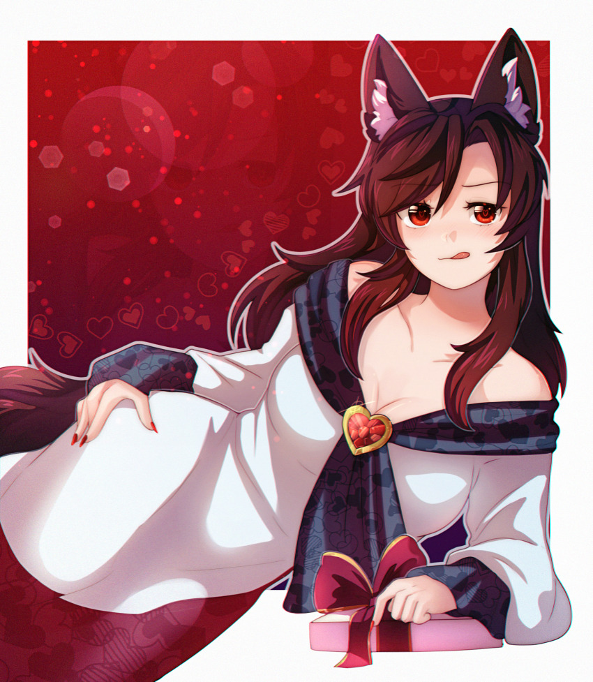 1girl animal_ears breasts brooch brown_hair cleavage dress dungeon_toaster highres imaizumi_kagerou jewelry red_eyes smile solo tongue tongue_out touhou white_dress wolf_ears wolf_girl