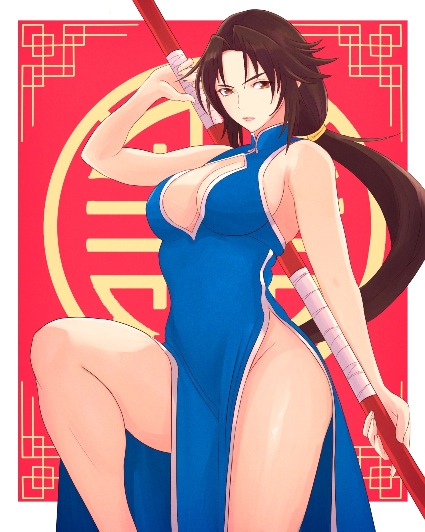 1girl absurdres bare_shoulders blue_dress bo_staff breasts brown_eyes brown_hair china_dress chinese_clothes cleavage cleavage_cutout closed_mouth clothing_cutout collared_dress commission cowboy_western dress fighting_stance hairband highres holding holding_behind_back hong_xiu_ying knee_up long_hair looking_at_viewer low-tied_long_hair multicolored_background pelvic_curtain red_background second-party_source sega serious shenmue shenmue_ii shenmue_the_animation sideboob sleeveless sleeveless_dress solo thighs truejekart very_long_hair yellow_hairband