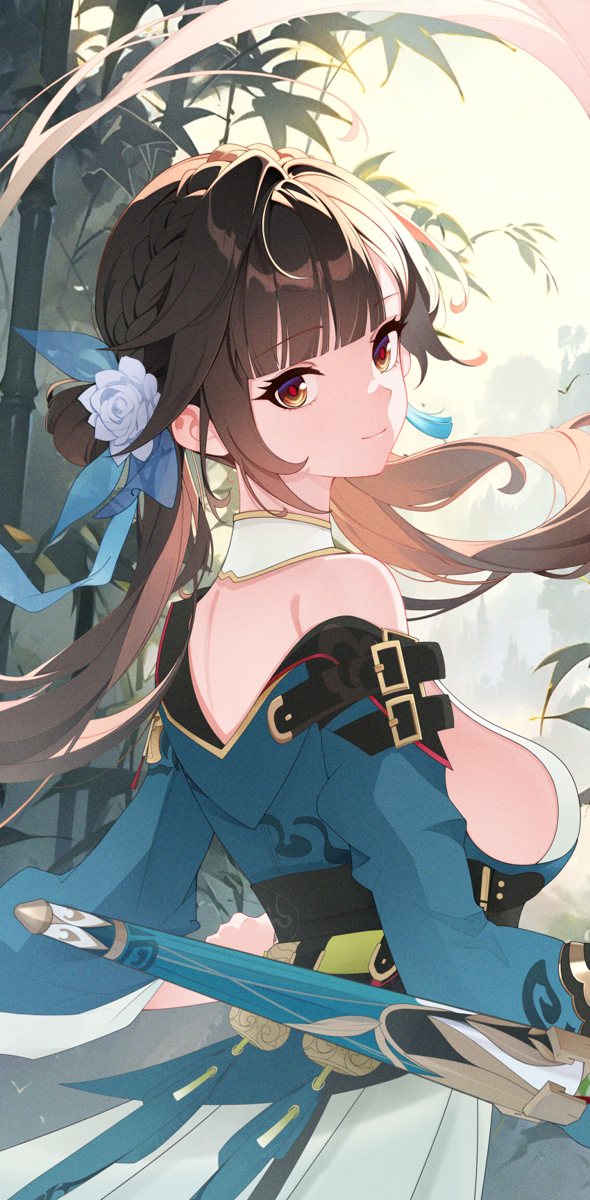 1girl absurdres bamboo braid breasts brown_eyes brown_hair chinese_commentary closed_mouth commentary_request dress floating_hair flower from_behind green_dress hair_flower hair_ornament highres holding holding_umbrella honkai_(series) honkai_impact_3rd kaerbin large_breasts li_sushang li_sushang_(peregrine_sword) long_hair long_sleeves looking_at_viewer looking_back official_alternate_costume sideboob smile solo twintails umbrella upper_body very_long_hair