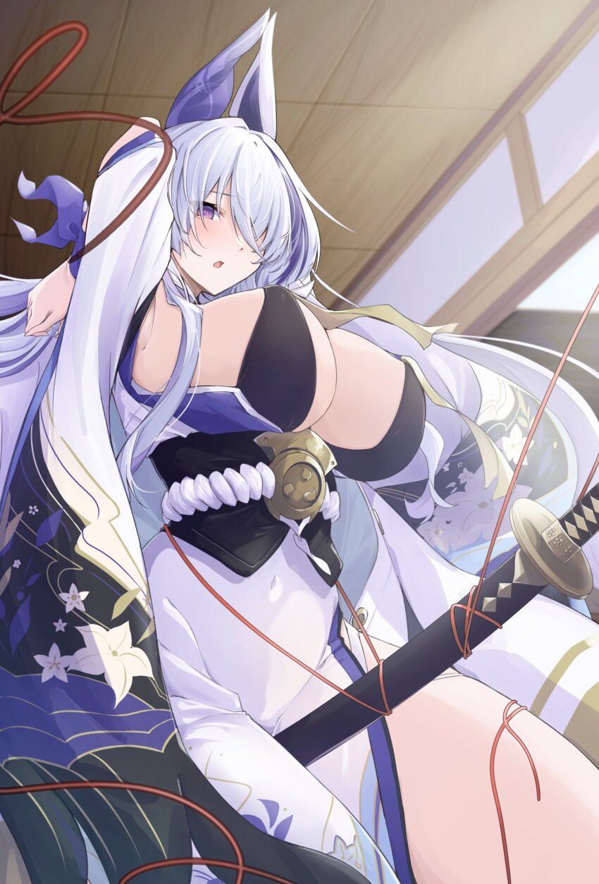 1girl absurdres arm_up armpits azur_lane breasts covered_navel floral_print floral_print_kimono hair_over_one_eye hashtag-only_commentary highres indoors japanese_clothes katana kimono large_breasts leer.meer long_hair looking_at_viewer multicolored_hair parted_lips print_kimono purple_eyes purple_hair sakuramon solo streaked_hair string sword sword_between_thighs unzen_(azur_lane) very_long_hair weapon white_hair white_kimono
