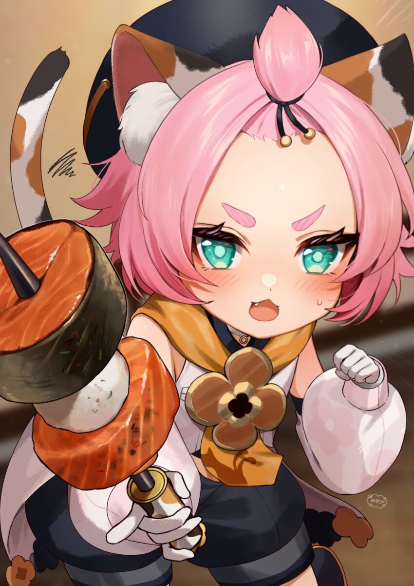 1girl animal_ears artist_name bangs_pinned_back black_hat black_shorts cat_ears cat_girl cat_tail commentary_request detached_sleeves diona_(genshin_impact) fang genshin_impact gloves green_eyes hat highres hitsujino_mery holding holding_skewer long_sleeves looking_at_viewer multicolored_tail open_mouth pink_hair short_hair shorts skewer solo sweatdrop tail thick_eyebrows white_gloves