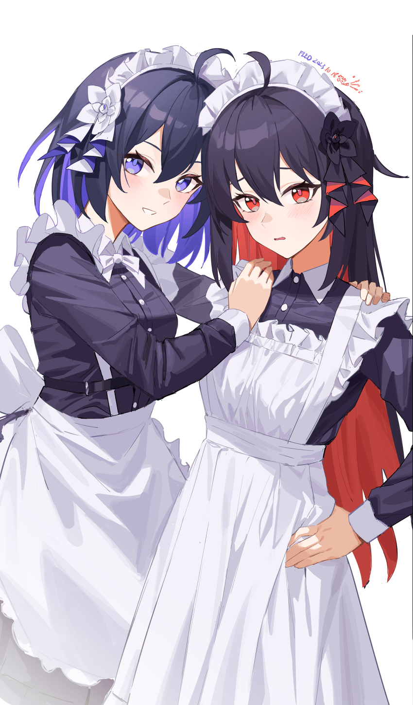2girls absurdres ahoge alternate_costume apron artist_name black_dress black_hair collared_dress colored_inner_hair commentary_request dated dress fled grin hand_on_another&#039;s_shoulder highres honkai_(series) honkai_impact_3rd long_hair long_sleeves looking_at_viewer maid maid_headdress multicolored_hair multiple_girls purple_eyes purple_hair red_eyes red_hair seele_(alter_ego) seele_vollerei seele_vollerei_(starchasm_nyx) simple_background smile two-tone_hair white_apron white_background