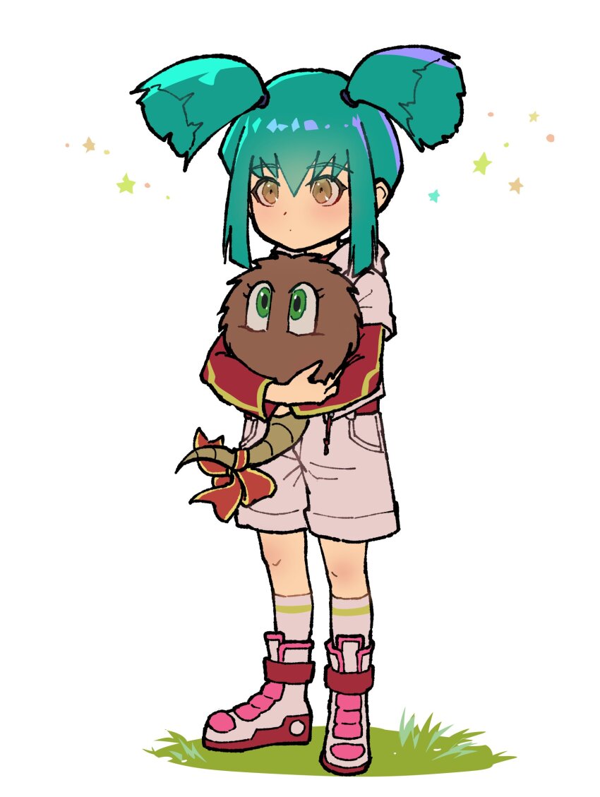 1girl duel_monster full_body green_eyes green_hair hair_between_eyes highres holding jacket kuribon long_sleeves luca_(yu-gi-oh!) no_mouth pink_jacket pink_shorts red_shirt shirt short_hair shorts socks star_(symbol) white_footwear white_socks youko-shima yu-gi-oh! yu-gi-oh!_5d&#039;s