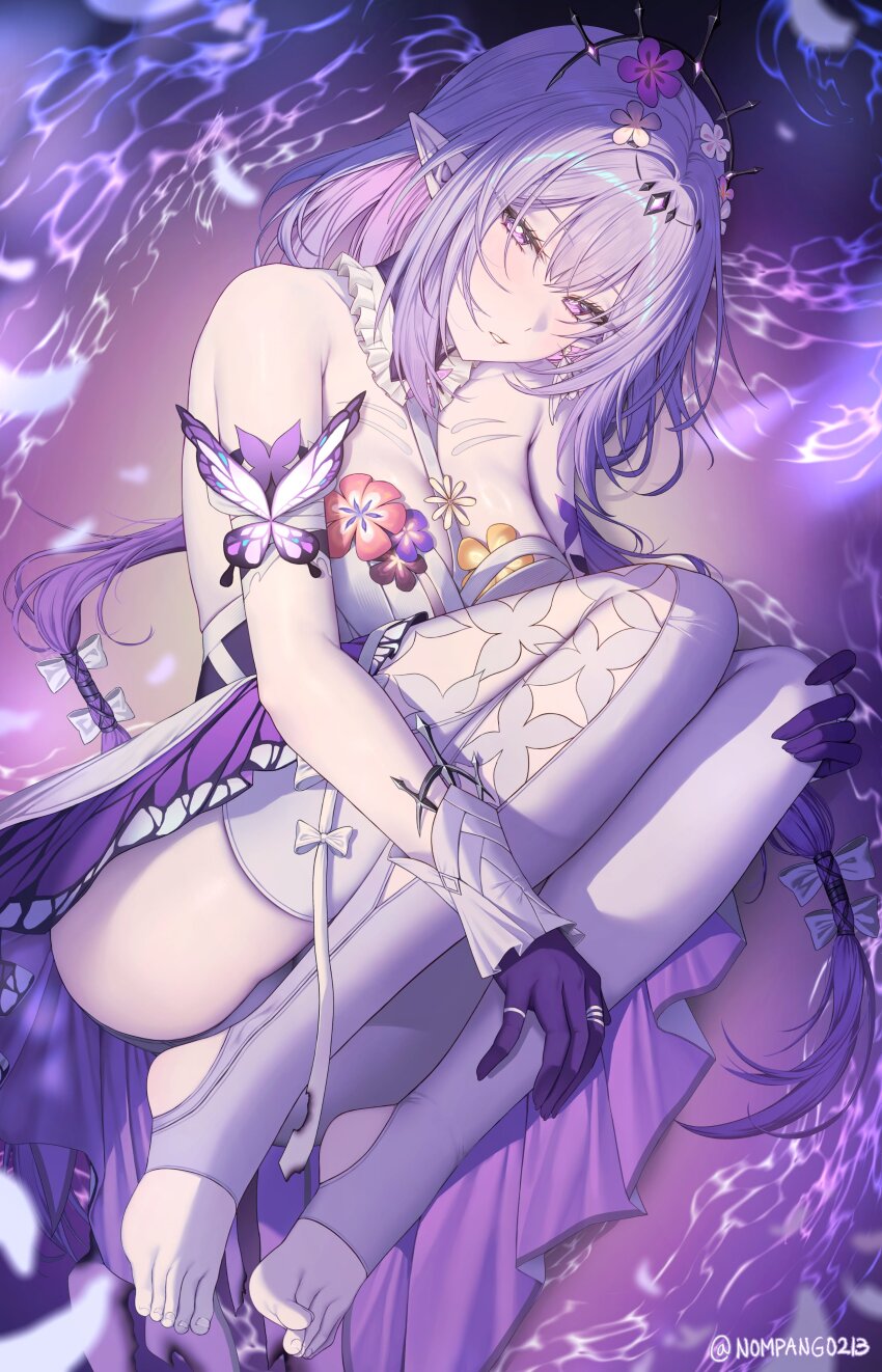 1girl absurdres armpit_crease bare_shoulders black_tiara breasts bright_pupils butterfly_earrings castorice_(honkai:_star_rail) commentary dress earrings feet feet_out_of_frame flower gloves hair_flower hair_ornament highres honkai:_star_rail honkai_(series) jewelry knees_up large_breasts long_hair looking_at_viewer nompang pantyhose parted_lips pink_flower pointy_ears purple_eyes purple_gloves purple_hair revision sidelocks single_leg_pantyhose single_thighhigh solo stirrup_legwear thighhighs thighs tiara toeless_legwear toes very_long_hair white_dress white_pantyhose white_pupils white_thighhighs